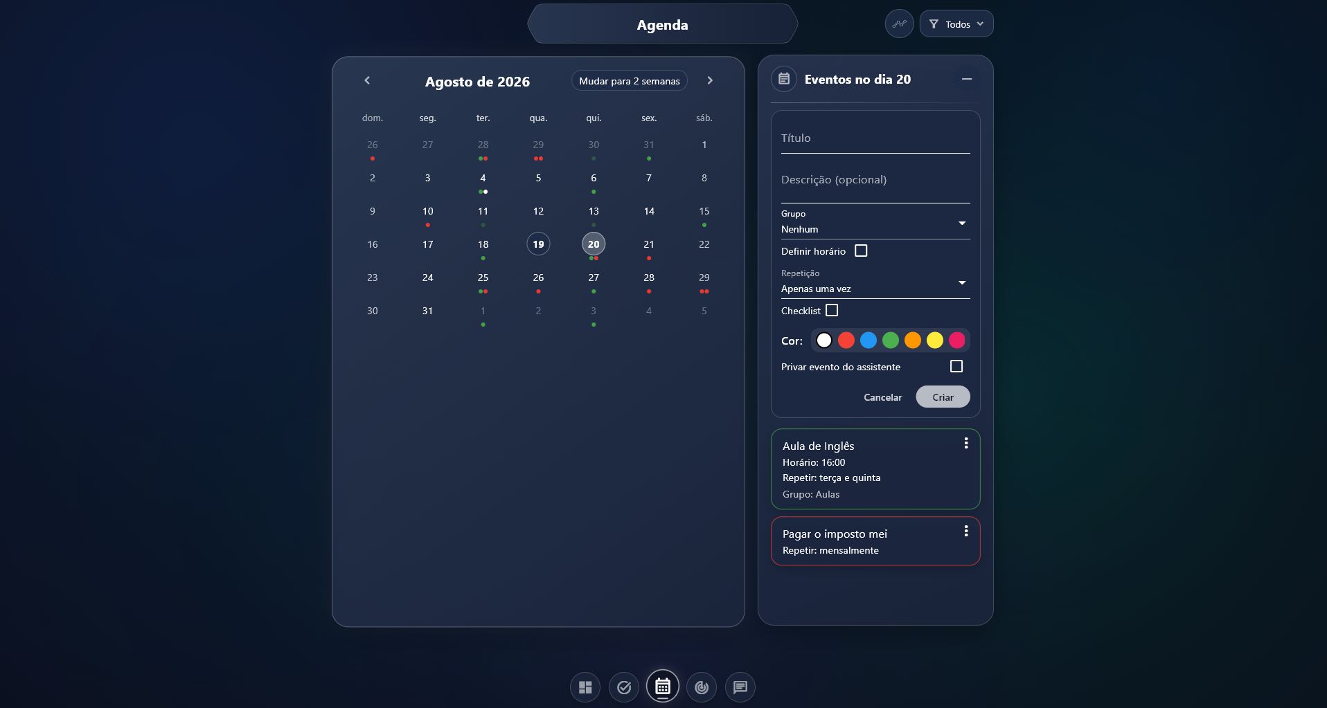 Agenda do MyPanel no modo imersivo