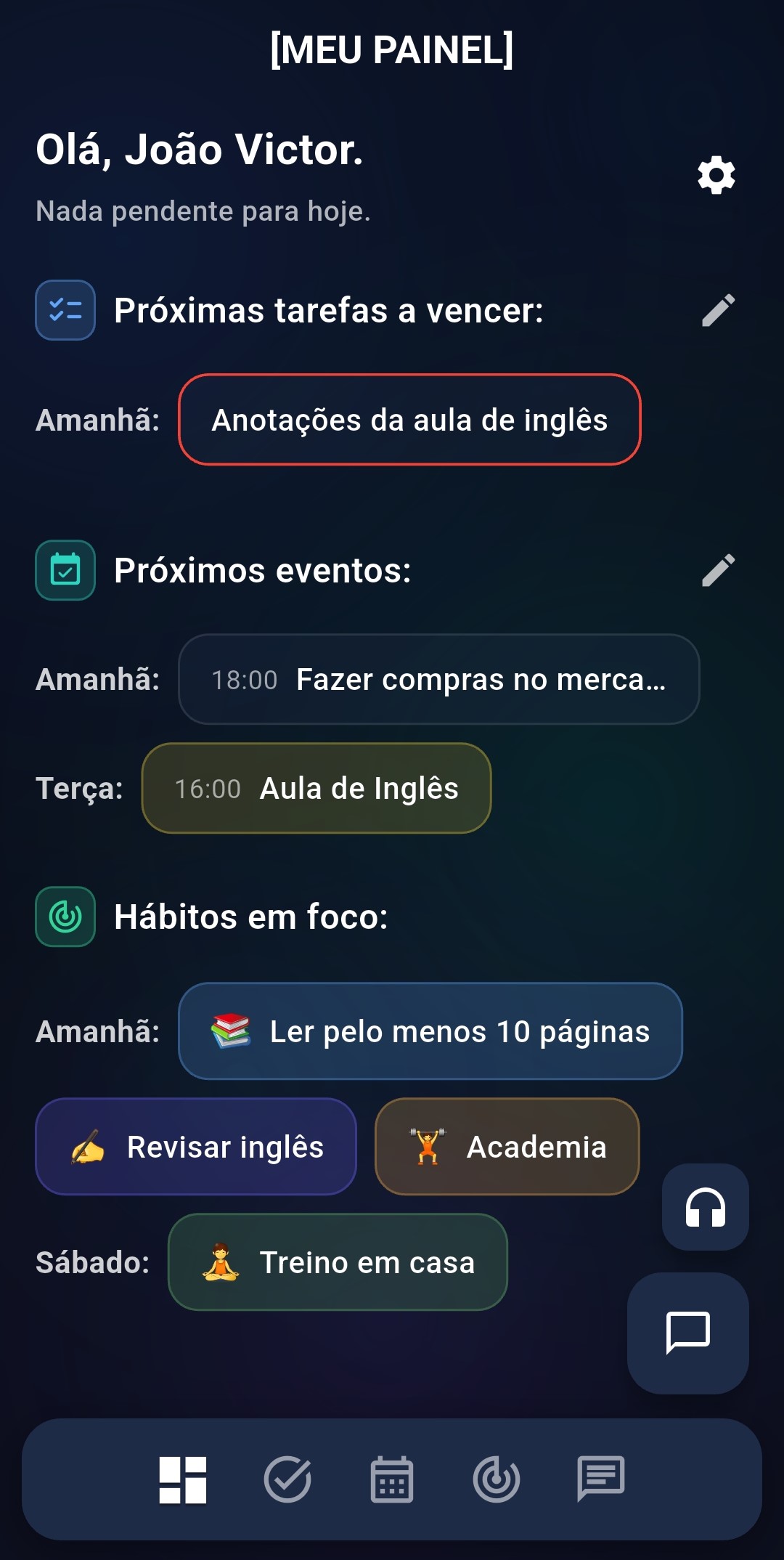 Dashboard do MyPanel com tarefas, eventos e hábitos